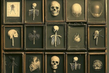 Anatomical illustrations in old cabinet, dark scientific setting, moody atmosphere.