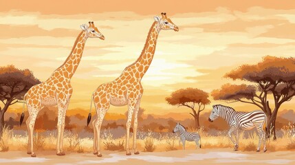 Obraz premium Savannah plain with giraffes browsing, acacia trees, zebras in the distance, warm sunset lighting