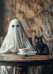 Ghostly figure and cat in vintage setting with rich textures and dark colors.