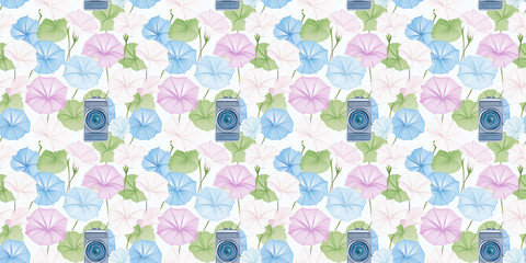 pattern of morning glories in a photography style with camera
