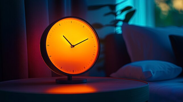 Smart alarm clock with sunrise simulation, glowing orange light, on a bedside table, dim bedroom lighting
