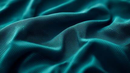 Naklejka premium A textured sports fabric in a bright teal color, with small perforations for breathability. The material is folded in gentle waves, creating dynamic light reflections and shadows on the surface.