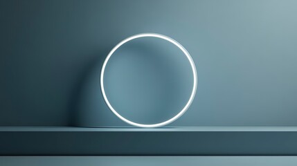 Smart home hub with circular design, LED ring glowing, sitting on a shelf, soft ambient lighting