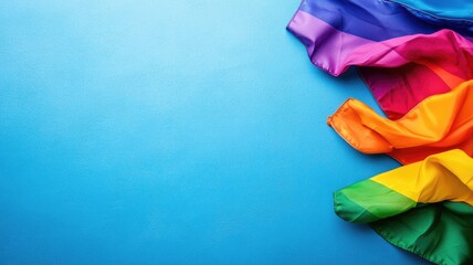 Colorful rainbow flag on blue background symbolizing LGBTQ+ pride