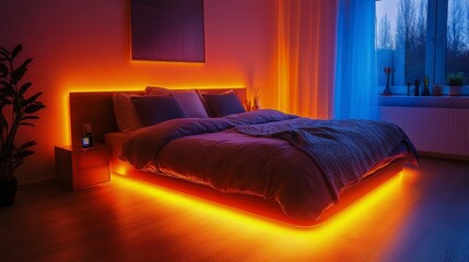 Smart light strip with remote control, colors changing, under a bed frame, soft bedroom lighting