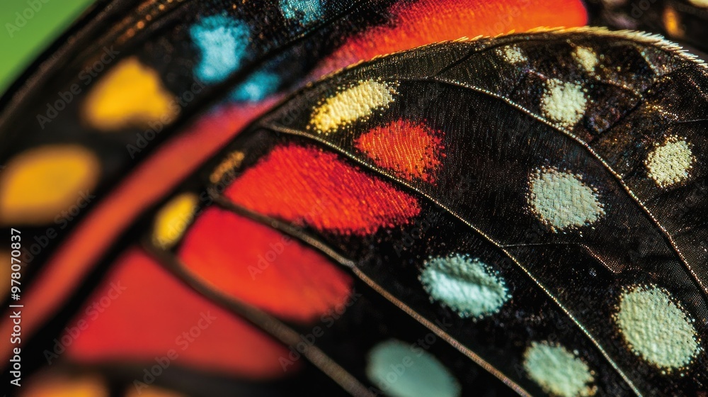 Poster close-up macro view of a butterfly wing with vibrant colors and detailed texture