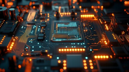 High-tech circuit board with copper elements, glowing with vibrant blue and green energy, futuristic design, set in a dark room with soft ambient light