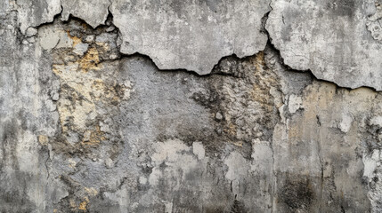 A weathered concrete wall with deep cracks and rough patches of discoloration. The surface is heavily textured, with visible damage from the elements, creating an aged, industrial look.
