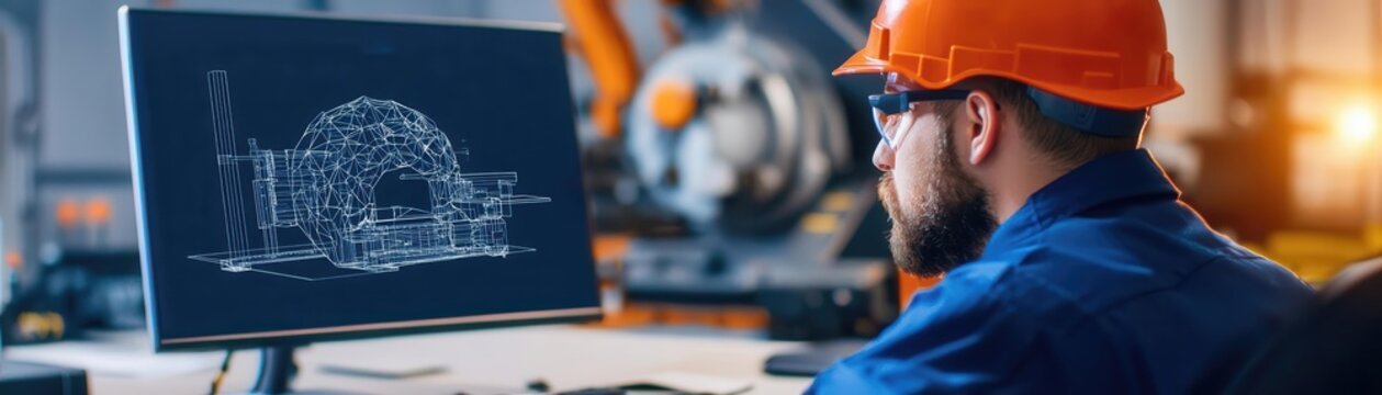 A team of engineers using computer-aided design CAD software to develop new machinery for an industrial process, CAD machinery design engineering, industrial equipment development