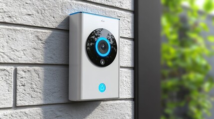 Smart video doorbell with camera lens, microphone visible, blue ring glowing, mounted beside the door, bright outdoor lighting