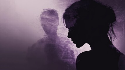 Silhouette of woman and man's shadow in purple haze
