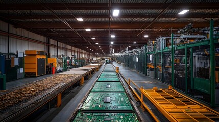 Fototapeta premium High-tech recycling center converting beryllium copper boards into eco-friendly devices, highlighting the process from dismantling to creating new sustainable products