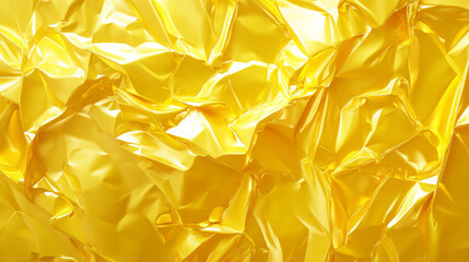A yellow crumpled plastic poster with jagged, sharp creases. The shiny, reflective surface gleams with highlights along the folds, giving a bold, textured look.