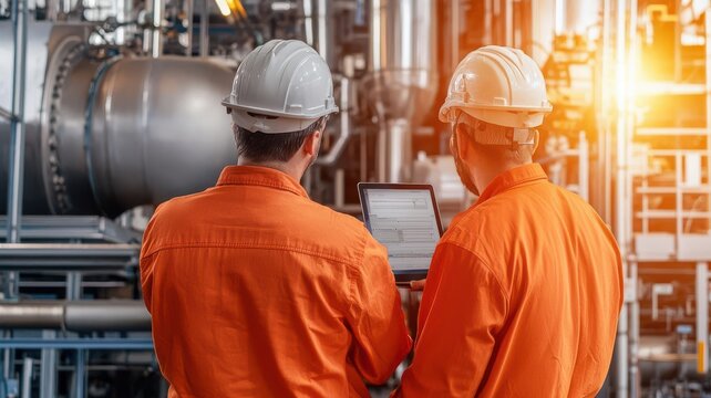 Process engineers optimizing the workflow in a production plant using simulation tools to test different configurations