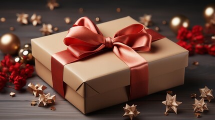 Obraz premium Kraft Gift box with beautiful red ribbon concept of birthday greeting, copyspace, topview.