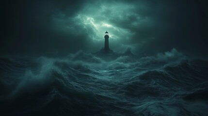 Stormy ocean with dark clouds, large waves crashing, lighthouse barely visible, dramatic stormy lighting