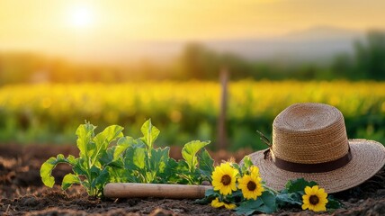 Sunny garden with green plants, sunflowers, and straw hat in soil