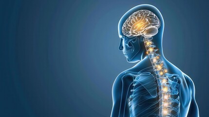 A digital illustration of the human brain and spinal cord, focusing on the nervous system and neurological health, in a blue gradient background.