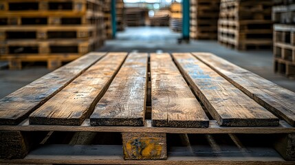 Extreme close-up of a wooden pallet's grain, with rich textures and natural imperfections set in an industrial warehouse backdrop