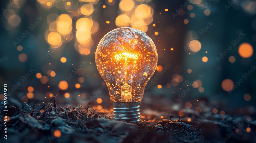 Poster glowing lightbulb with bokeh effect in a natural forest setting