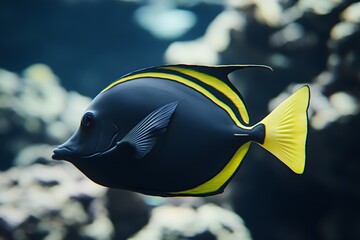 Yellow tang fish swimming in a tropical aquarium surrounded by colorful coral reefs