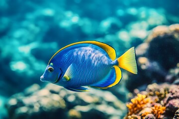 Naklejka premium Yellow tang fish swimming in a tropical aquarium surrounded by colorful coral reefs