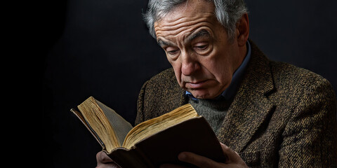 Approachable Educator: A man with graying hair, wearing a tweed jacket and holding a book open to a page.