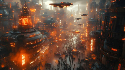 Fototapeta premium Futuristic Cityscape Illustration with Flying Vehicles and Neon Lights