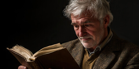 Approachable Educator: A man with graying hair, wearing a tweed jacket and holding a book open to a page.