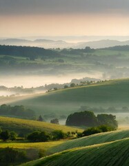 Rolling Hills Covered in Mist During Early Morning, Creating a Dreamy Landscape