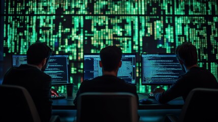 Cyber Security Experts Mitigating Hacking Threat, Digital Screens Displaying Encrypted Code.
