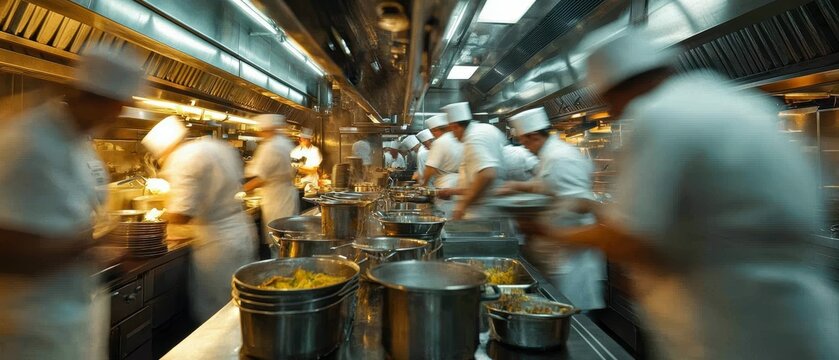 Busy Restaurant Kitchen: Chefs in Motion During Dinner Rush