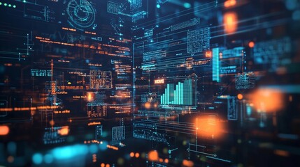 Fototapeta premium Futuristic data flow with neon blue and orange graphs and charts