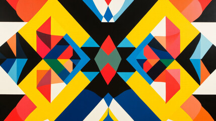 Obraz premium A bold geometric pattern with overlapping shapes in bright primary colors, arranged symmetrically to form a striking, playful design with sharp lines and angles.