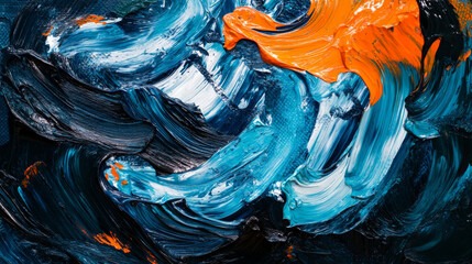 Obraz premium A bold oil paint texture featuring deep navy blue, teal, and bright orange, with thick, swirling brushstrokes creating a dramatic textured surface.
