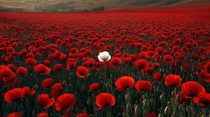 Field of red poppies with a single white poppy standing out