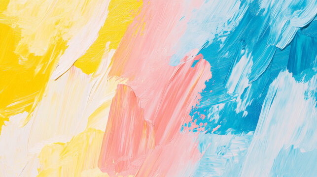 A bright and lively oil paint texture with strokes of sunny yellow, sky blue, and coral pink, creating a joyful and energetic design.