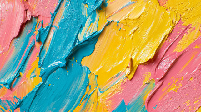 A bright and lively oil paint texture with strokes of sunny yellow, sky blue, and coral pink, creating a joyful and energetic design.