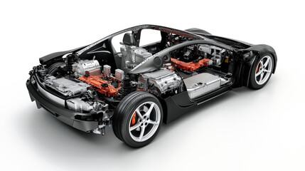 3D cutaway car model shows visible engine, internal structure, and components. AI generated