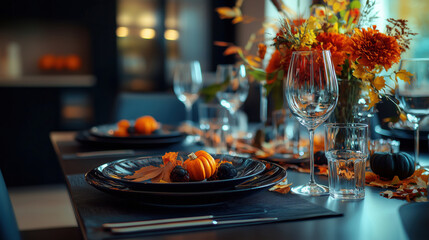 Stylish and elegant autumn-themed table setting for a family dinner or Halloween party with Fall Colors.