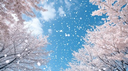 Cherry blossom petals falling like snow against a blue sky