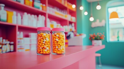 Colorful pharmacy shelves with jars of medicine in a bright environment