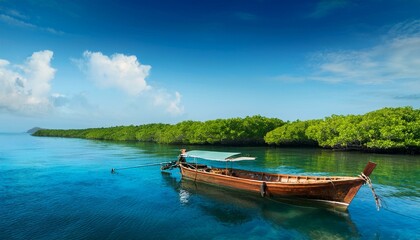 Obraz premium mangrove at sea with boat