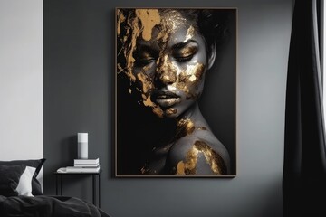 Black and Gold Portrait of Woman in Bedroom.poster