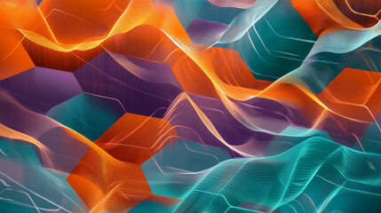 Naklejka premium A dynamic abstract surface with geometrical hexagons in bright orange, teal, and purple, accented by wavy lines for a playful, vibrant design.
