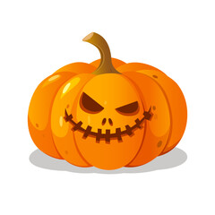 Cartoon Halloween carved pumpkin with creepy face expression isolated on white background.
