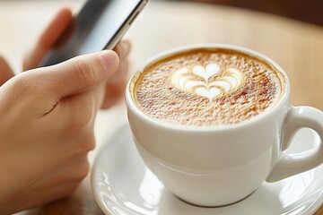 Hand holding a cappuccino cup with heart shaped latte art creating a cozy and intimate moment that blends the warmth of coffee with personal interaction in a casual cafe environment