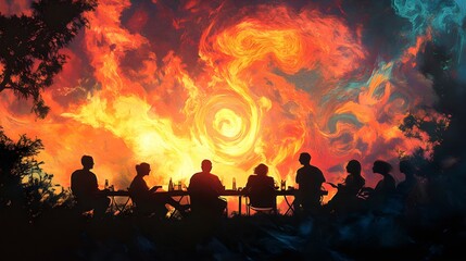 Psychedelic backyard barbecue at sunset, smoke swirling in vibrant, kaleidoscopic patterns, friends laughing in a surreal landscape, bold colors, abstract shapes, digital painting