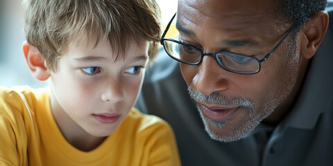Tenacious Teacher's Patience: A kind-faced man, gently guiding a young student through a math problem.