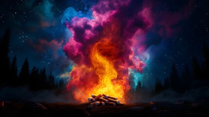Fototapeta premium Psychedelic campsite, vibrant colors swirling around a campfire with marshmallows and hotdogs roasting, stars twinkling in the night sky, surreal, abstract patterns